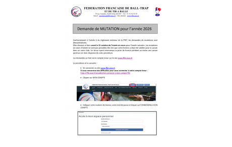 Demande de Mutation FFBT - avant le 31 octobre de l’année en cours pour l’année suivante.