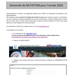 Demande de Mutation FFBT - avant le 31 octobre de l’année en cours pour l’année suivante.